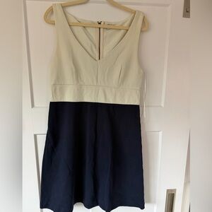 J. Crew Cream and Navy Sleeveless V-Neck Midi Dress